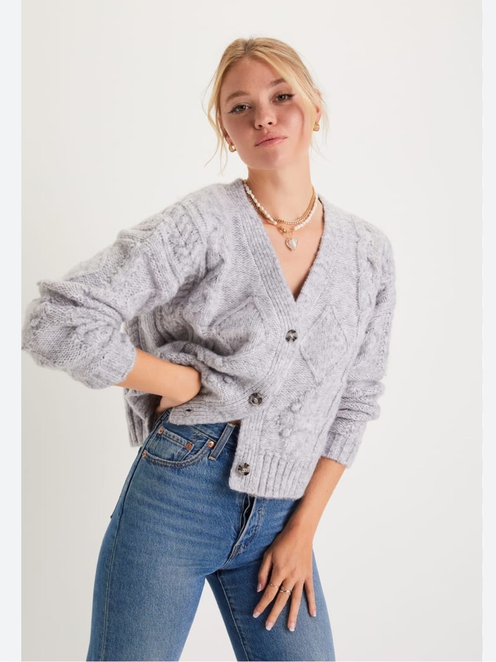 House of Harlow 1960 Heather Grey Cable-Knit V-Neck Cardigan